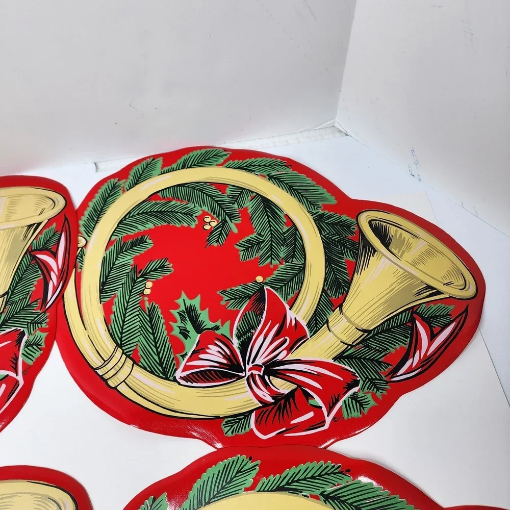 Town & Country Vinyl 1980s Christmas Table Placemats 14 X 18 Red French Horn EC
